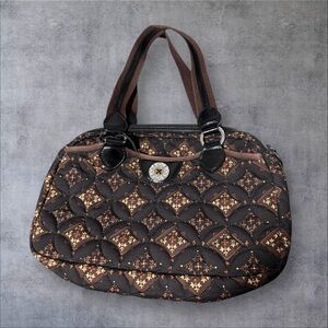15) Brighton brown quilted cotton shoulder bag with black leather trim